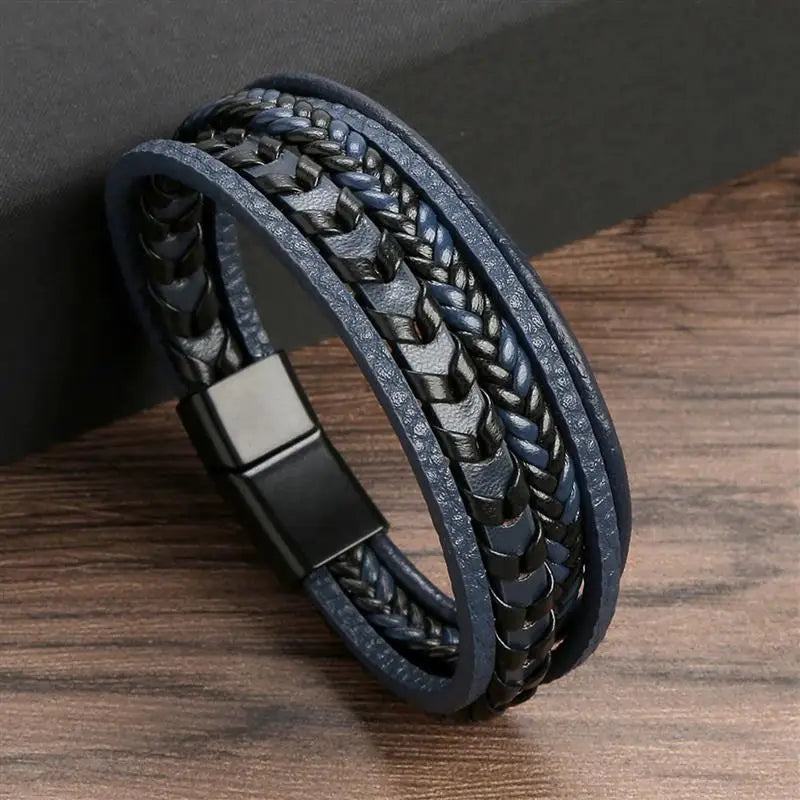 Leather black blue braided bracelet - JustJewelry
