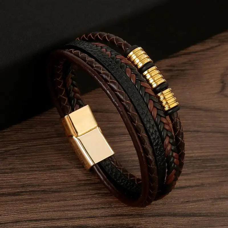 Elegant braider leather brown gold bracelet - JustJewelry