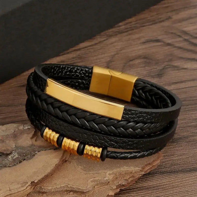 Elegant classic braided leather black gold bracelet - JustJewelry