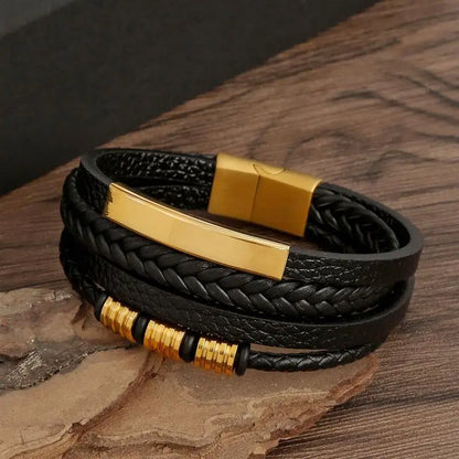 Elegant classic braided leather black gold bracelet - JustJewelry