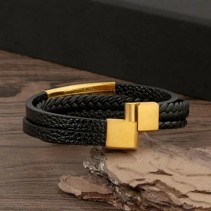 Elegant braided leather black gold bracelet - JustJewelry
