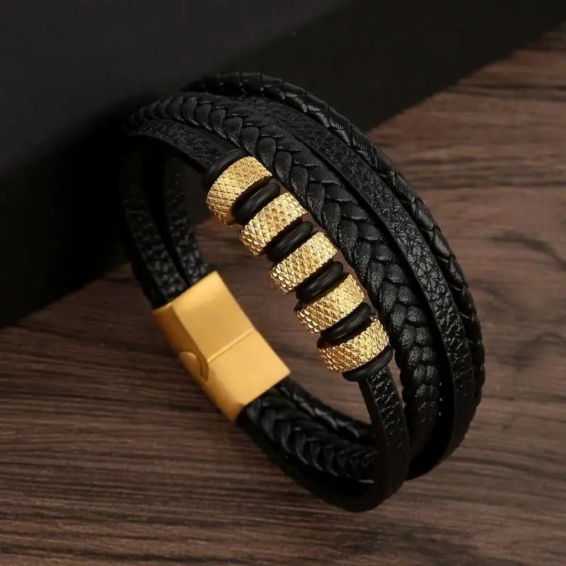 Classic leather gold black braided bracelet - JustJewelry